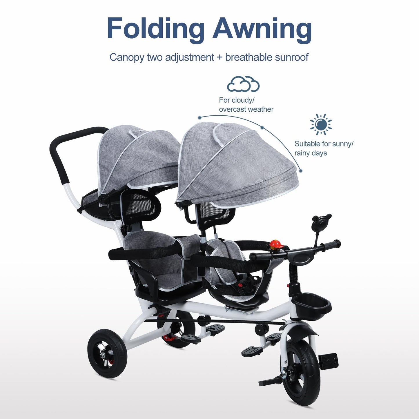 Double Pram Tandem Tricycle Buggy Stroller - Double Seat with Canopy for Kids 2-8 Years Old, Lightweight and Durable Double Pushchair for Easy Transport and Comfort.