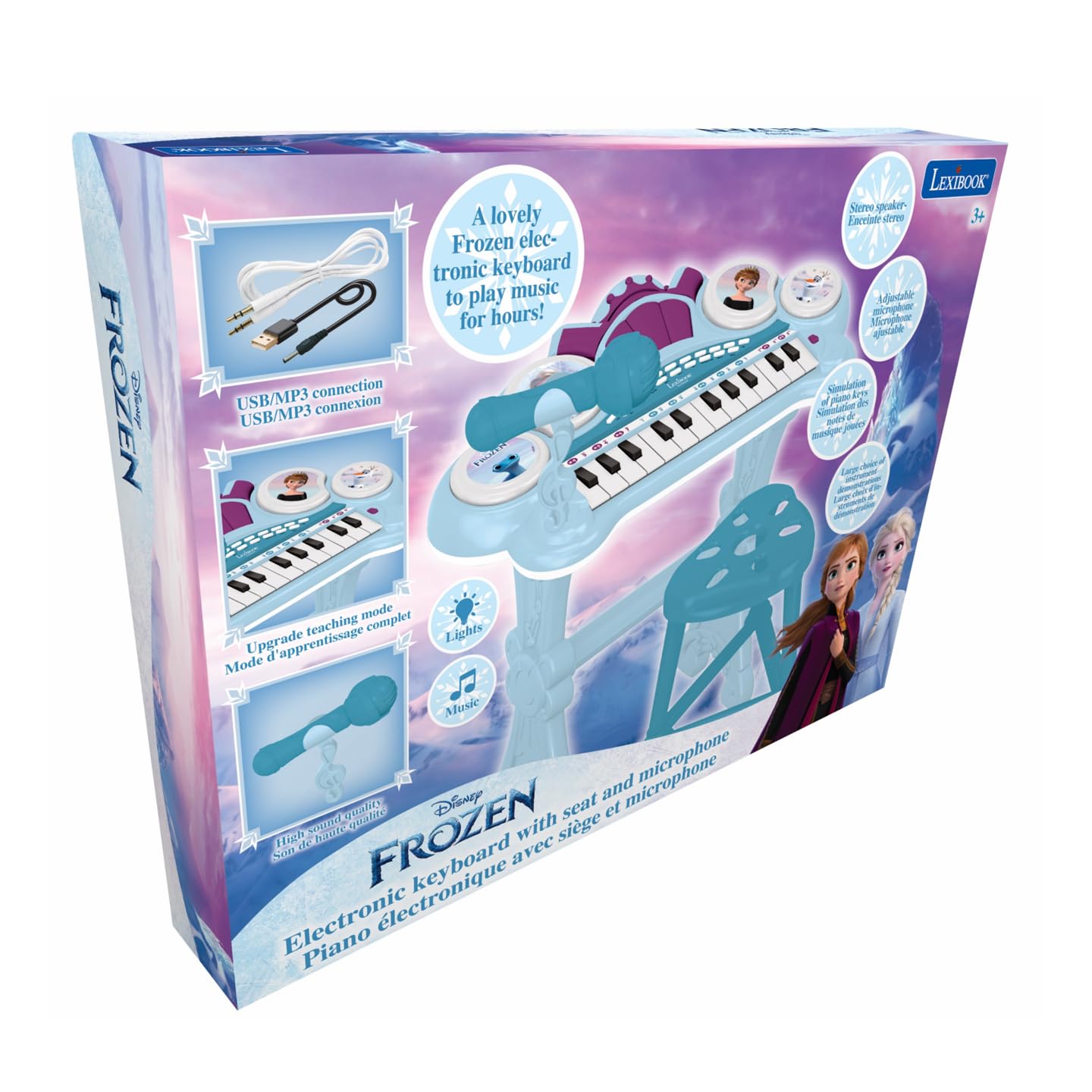 Lexibook Frozen electronic keyboard with seat, microphone, MP3 player, sound effects, and demo tunes in blue and purple.