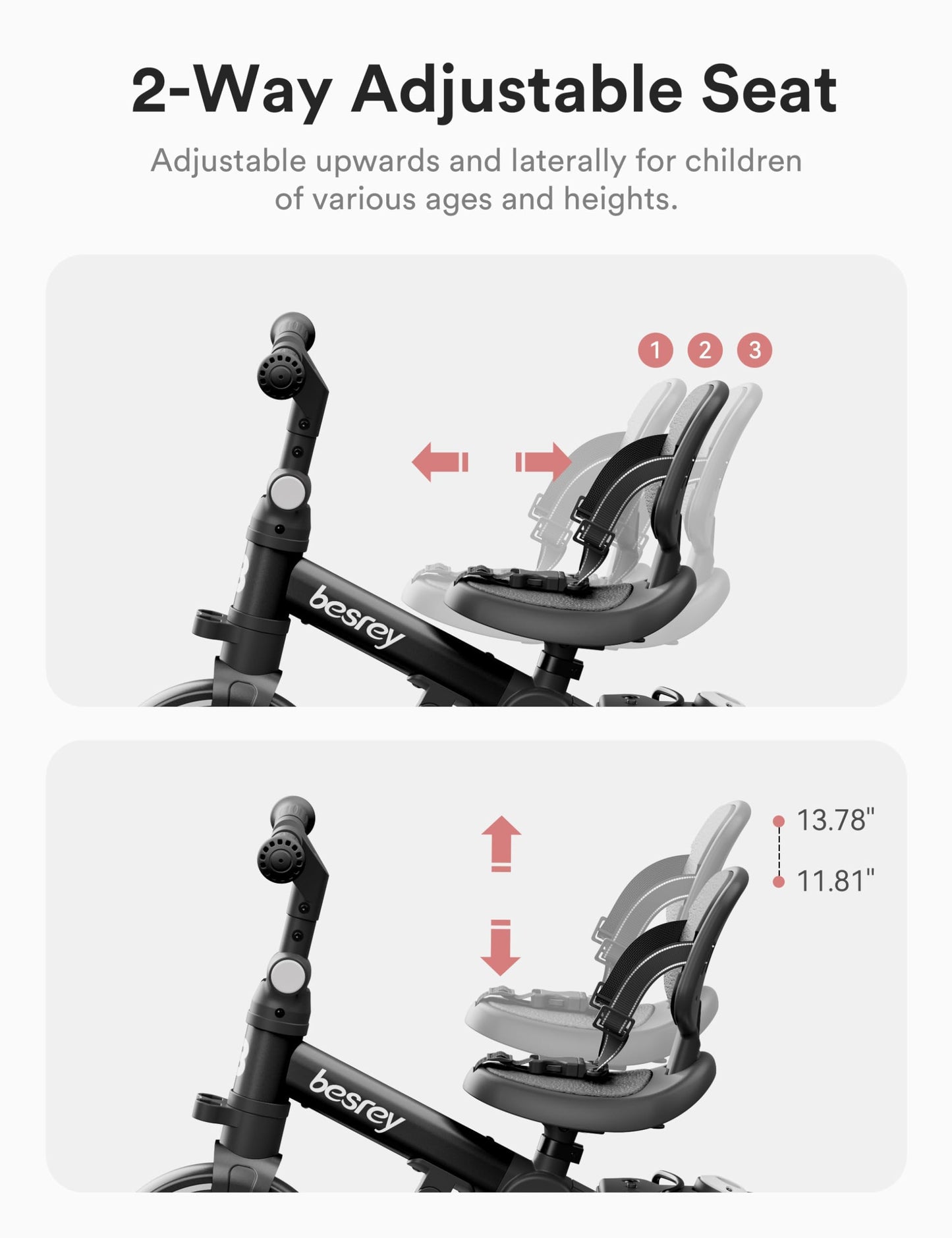 Black besrey toddler bike with parent-controlled push handle, foldable design, removable pedals, and adjustable seat.