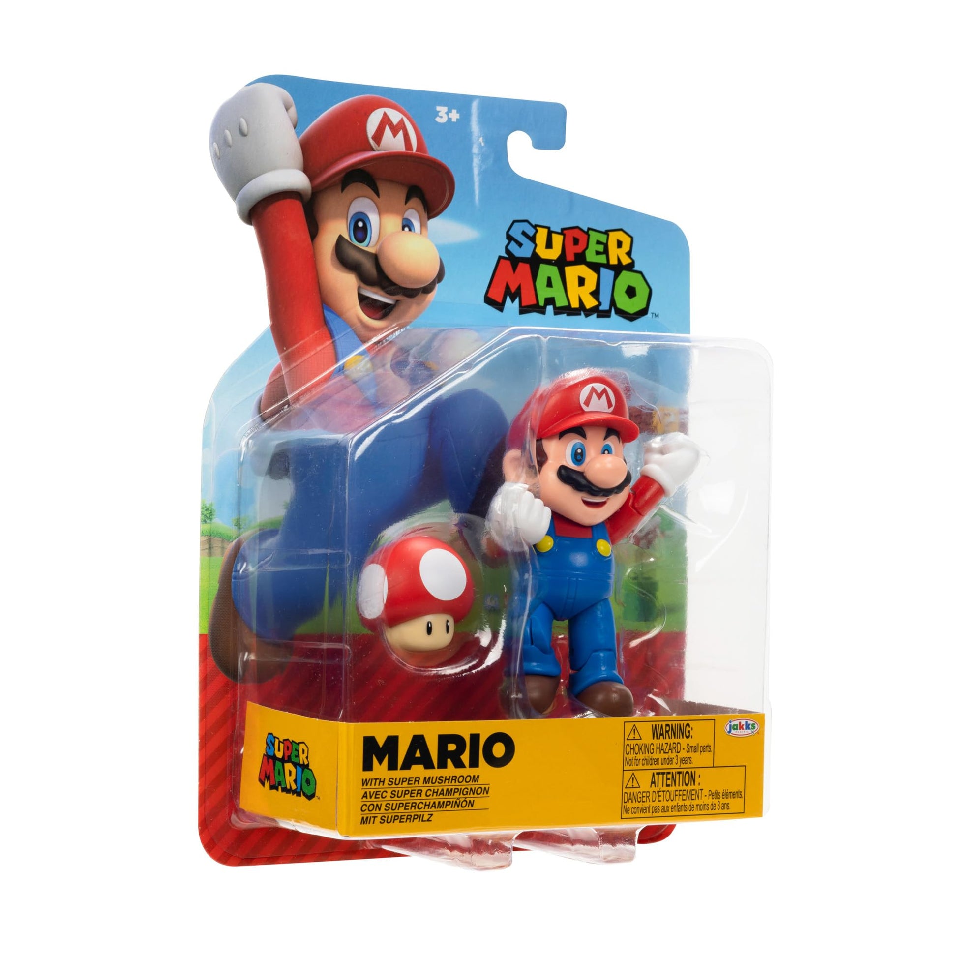 Super Mario 4-inch poseable figure by Super Mario holding a power-up mushroom accessory, suitable for ages 3 and up.