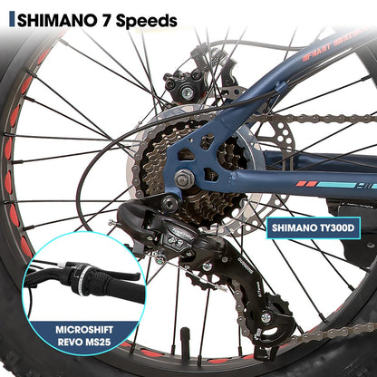 Hiland 20 Inch Kids Bicycles Fat Tire Mountain Bike for Boys and Girls, 7 Speed Blue Mountain Bike, Dual-Disc Brake, Kids Beach and Snow Bicycle