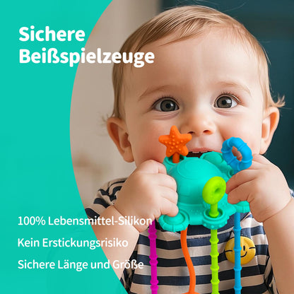 ROWFEN Baby Travel Toys - Montessori Silicone Pull String Toy Develops Sensory Skills for Babies, Built-in Rattle and Soft Press Function, Safe and Easy to Clean Design (Spearmint)