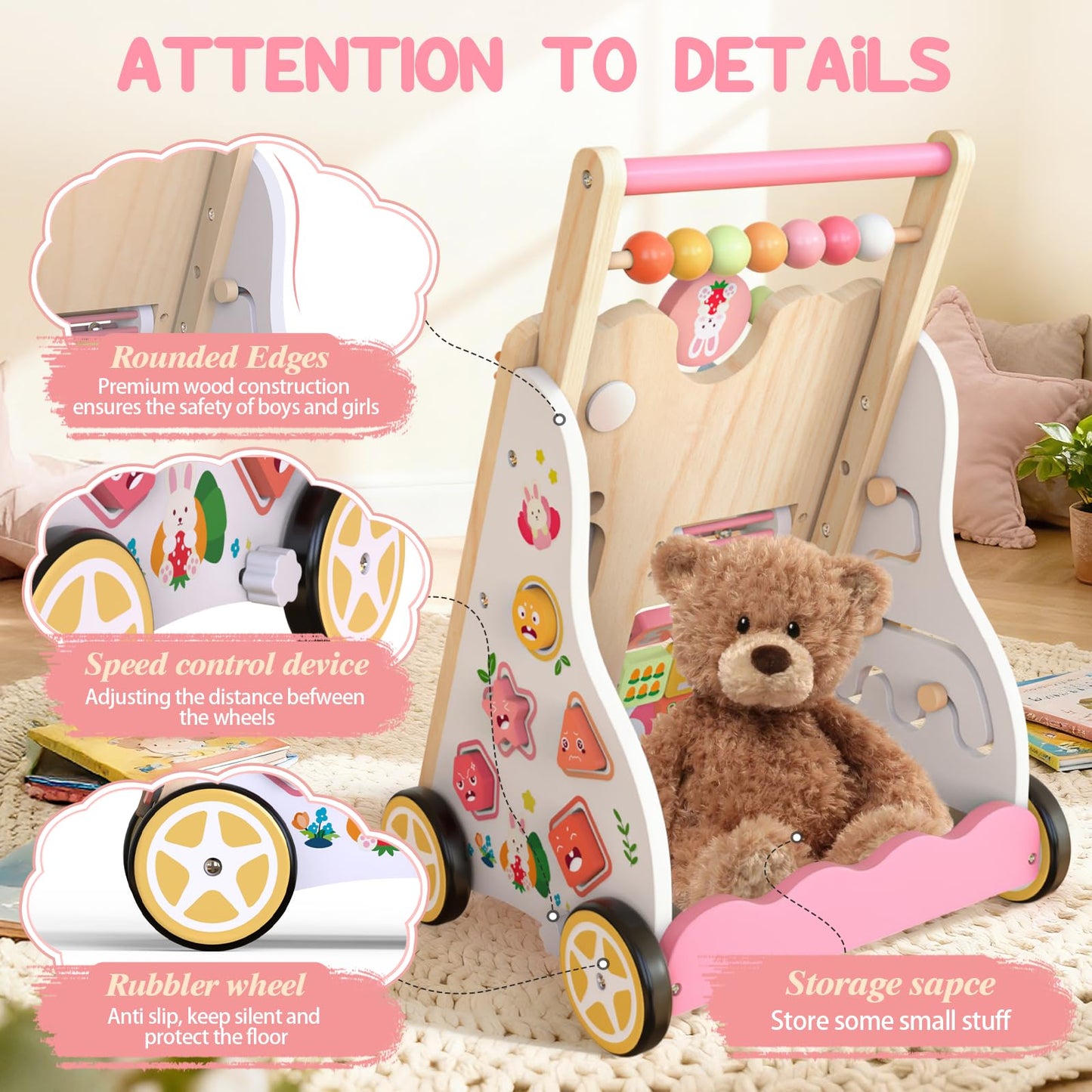 Wooden baby walker by Weilim with wheels, adjustable height, Montessori design, featuring a bunny theme for toddlers learning to walk.