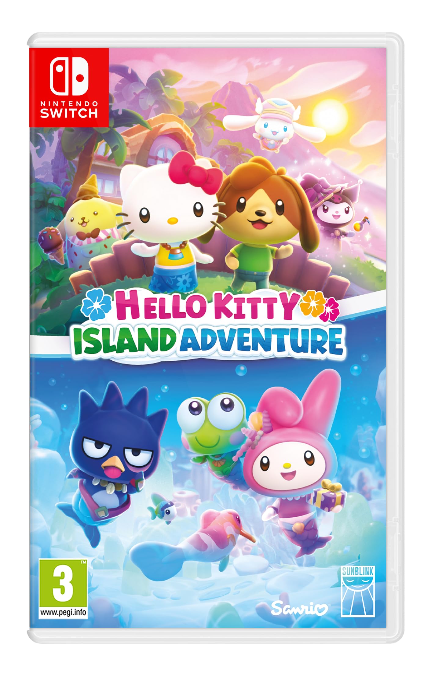 Hello Kitty Island Adventure Nintendo Switch game cover featuring Hello Kitty and colorful island scene.