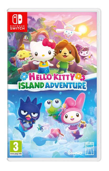 Hello Kitty Island Adventure Nintendo Switch game cover featuring Hello Kitty and colorful island scene.