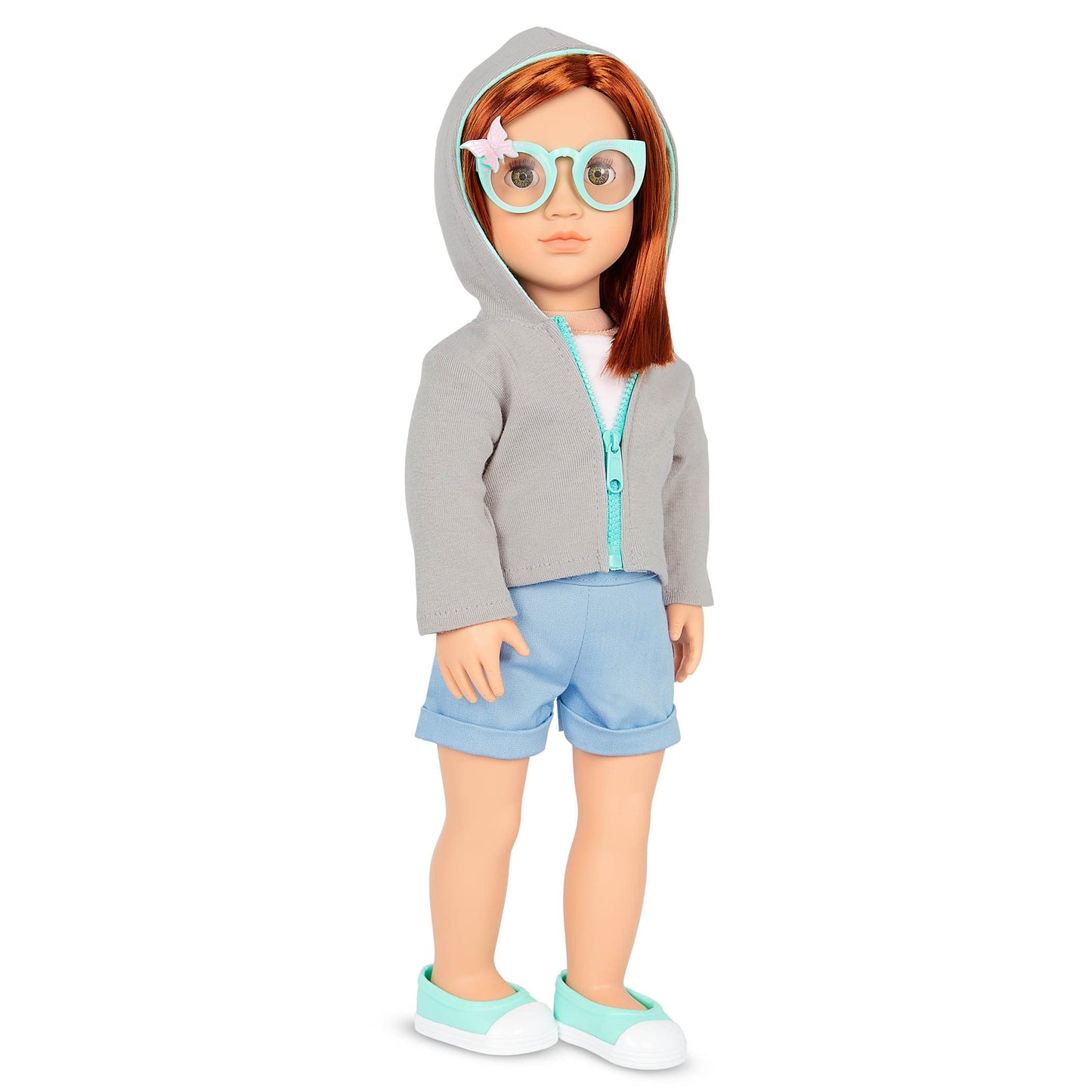 18-inch Our Generation doll Cambi with red hair, blue eyes, butterfly-themed outfits, and styling accessories in gift box.
