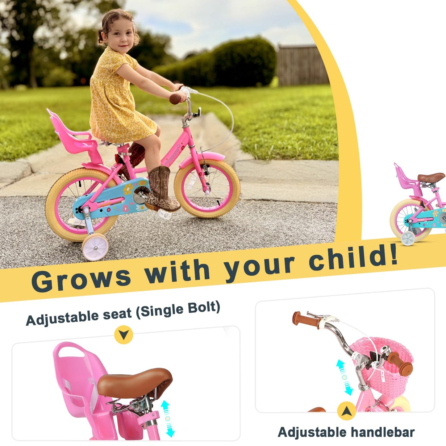 Glerc Maggie 14 Inch Kids Bike for 3 4 5 6 Years Old Little Girls Toddler Bicycles with ith Doll-Seat & Basket & Stabilisers for Gift, Pink