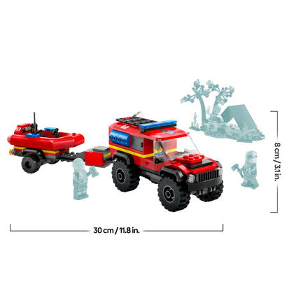 LEGO City 4x4 Fire Engine set with rescue boat, trailer, tent, camper, and two firefighter minifigures for imaginative play.