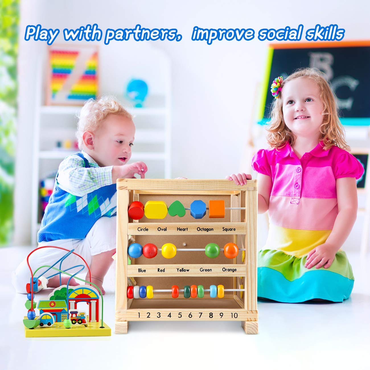 Wondertoys wooden activity cube with colorful shapes, puzzles, and a baby push walker for educational play and learning.
