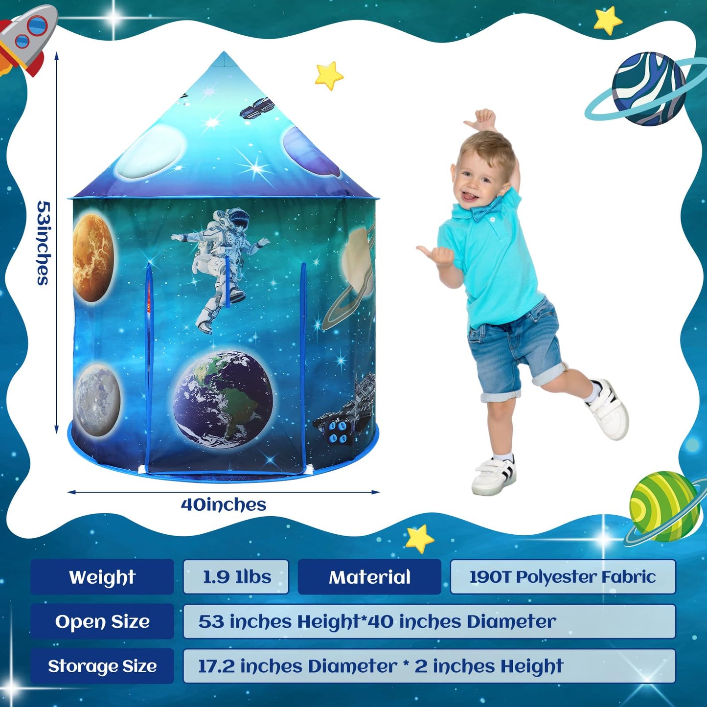 Kids astronaut galaxy play tent by MEERO LONDON, large foldable space playhouse for toddlers, boys, and girls indoors or outdoors.