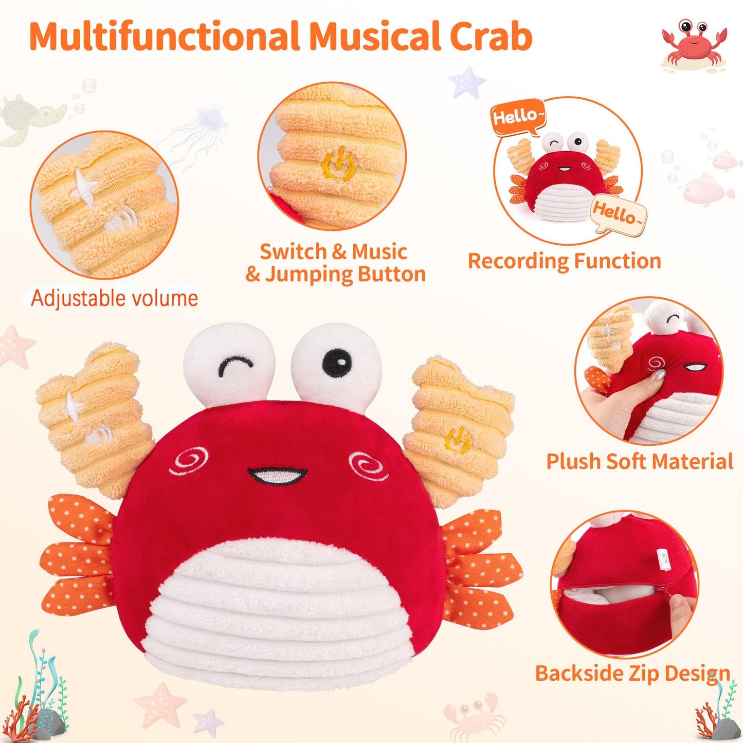 nicknack Crawling Crab Baby Toy 6 to 12 Months, Musical Dancing Crab Sensory Plush Toddler Toys for Babies 1 2 Year Old Boy Girl Birthday Gifts - Adjustable Volume,100 Songs & Recording Feature