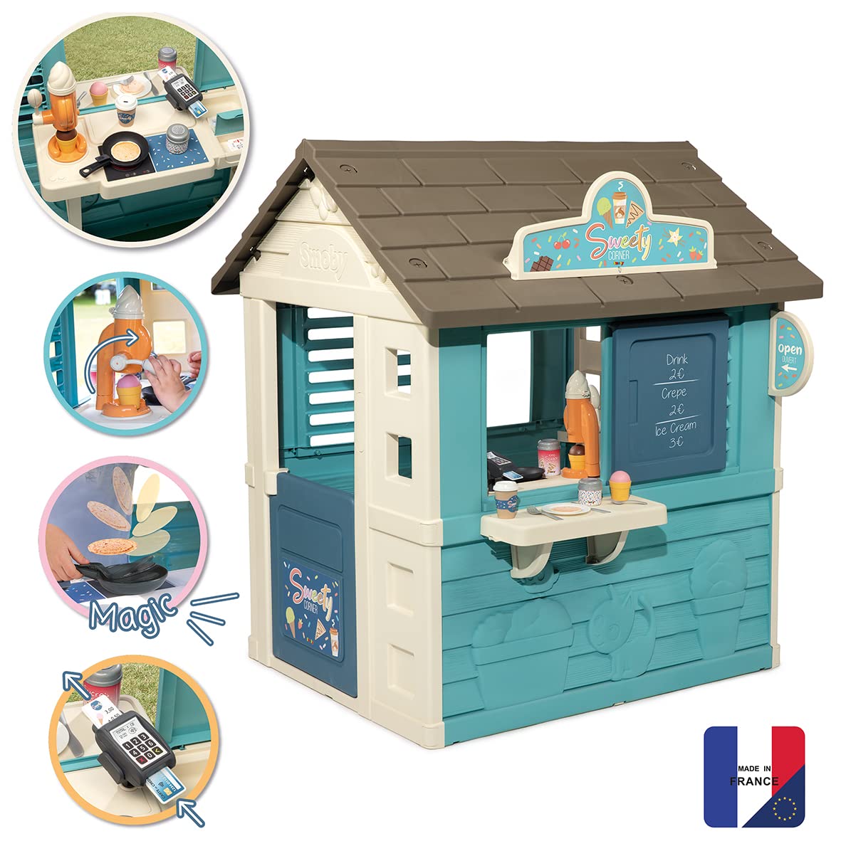 Smoby Sweety Corner House children's garden cabin with ice cream machine and 18 accessories, made from recycled materials for ages 2+.