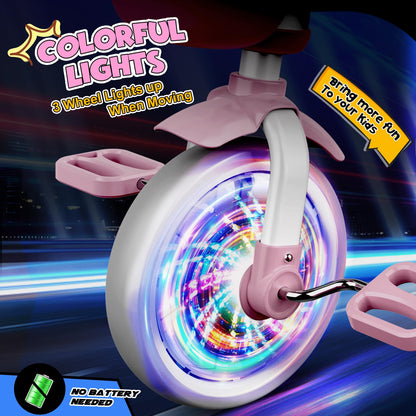 HappyGoLucky Pink Tricycles Toys for 2-5 Year Old Girls Gifts, Balance Bike 2 3 4+ 5 Year Old with 3 Colorful Lighting Wheels & Adjustable Seat, Baby Toddler Kids Cycle Trikes Bike Girls Toys Age 2-5