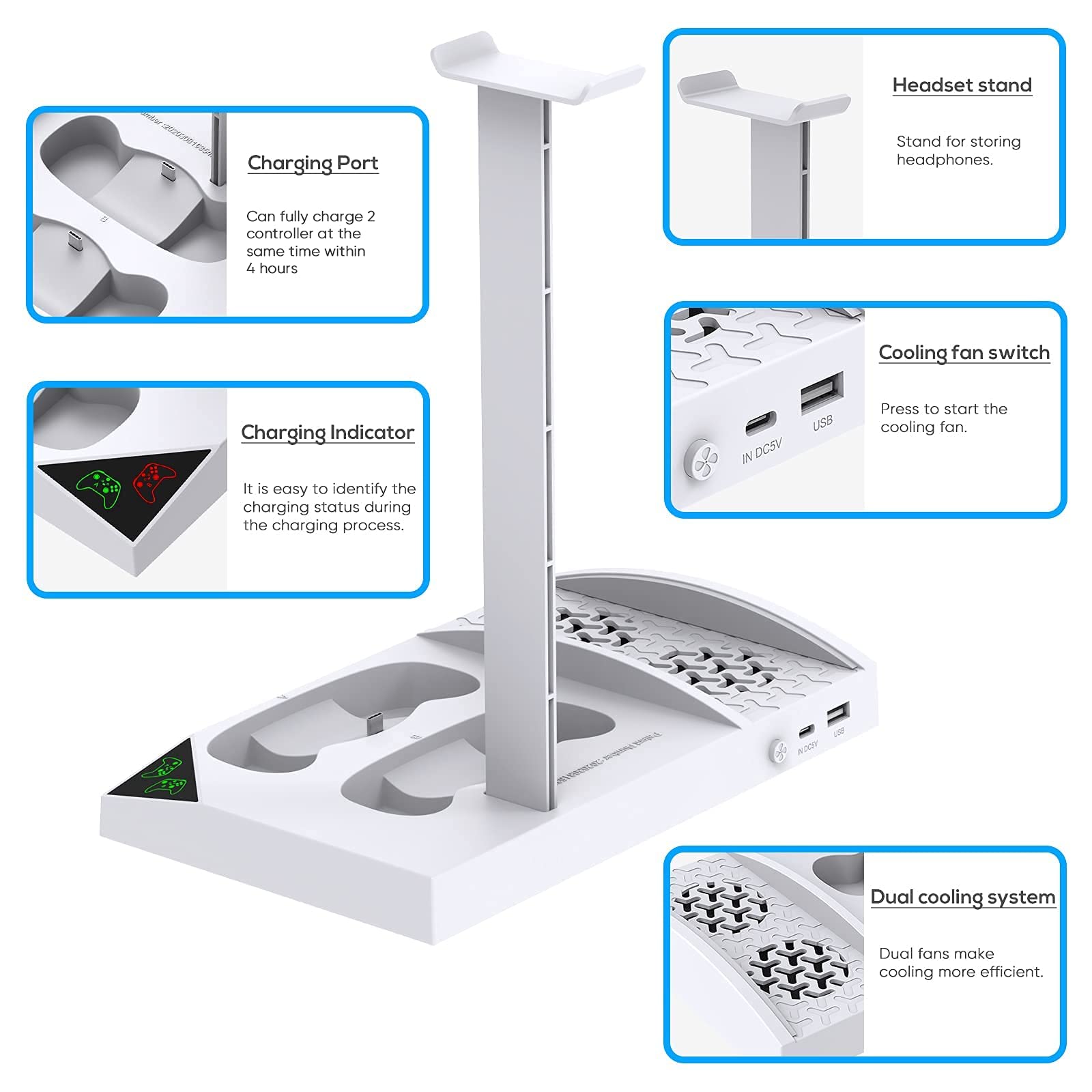 FYOUNG vertical charging cooling stand for Xbox Series S with fan, 2 rechargeable batteries, and headset holder in white.