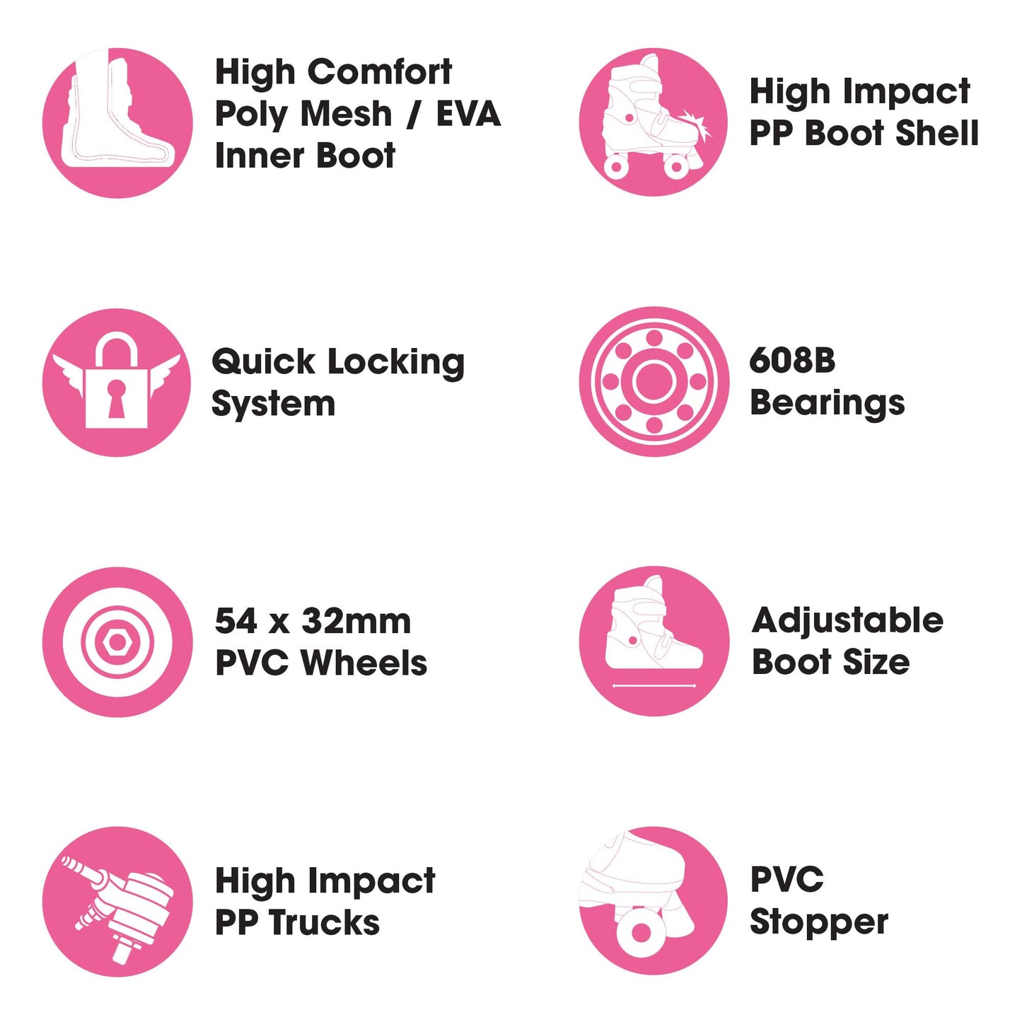 Pink Xootz kids' quad roller skates for girls, adjustable beginner roller skates with pink and white accents.