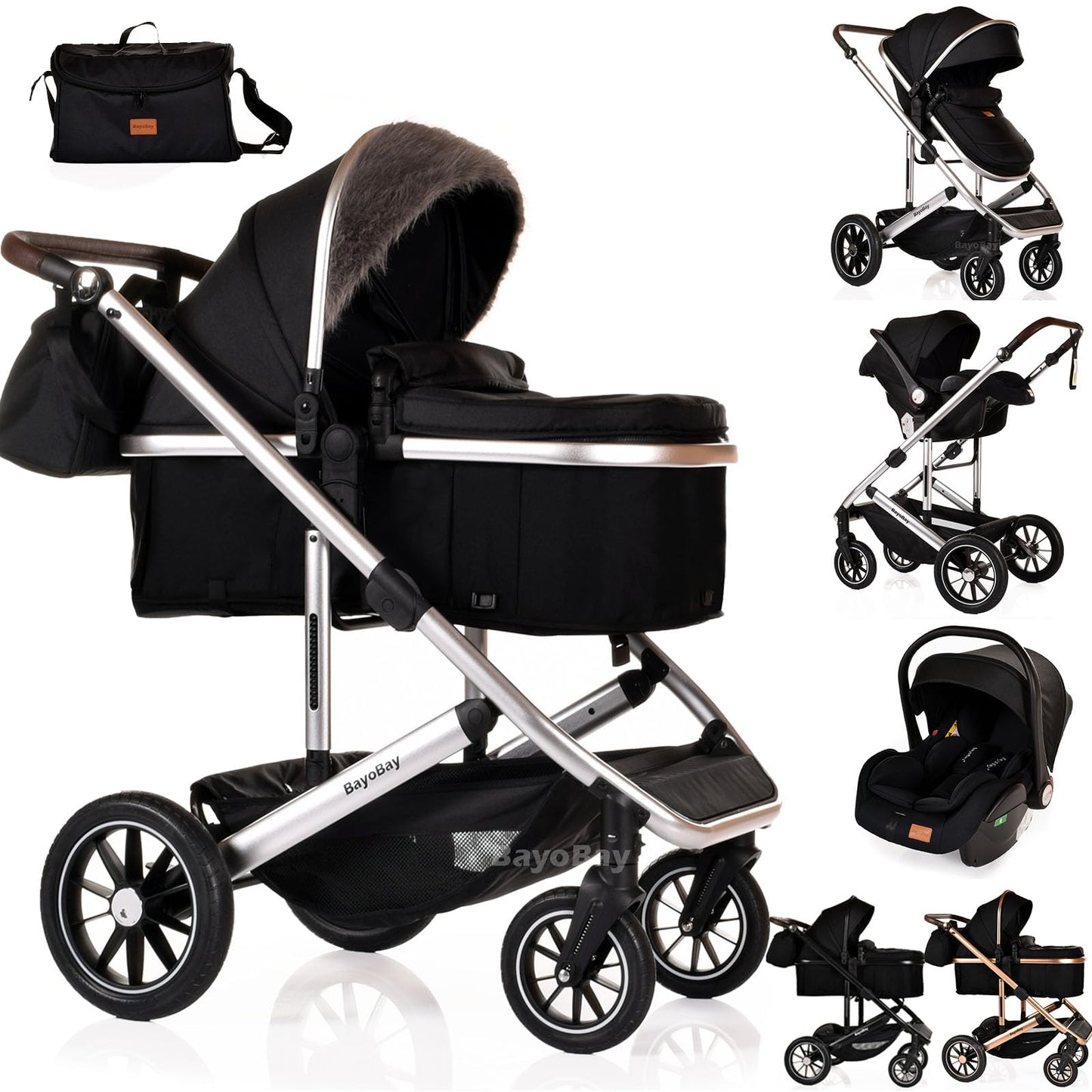 3 in 1 Baby Pram Travel System with Car Seat Lightweight Buggy Foldable Pushchair for Newborn and Toddlers up to 22kg New 2025 Style (Black - Silver)