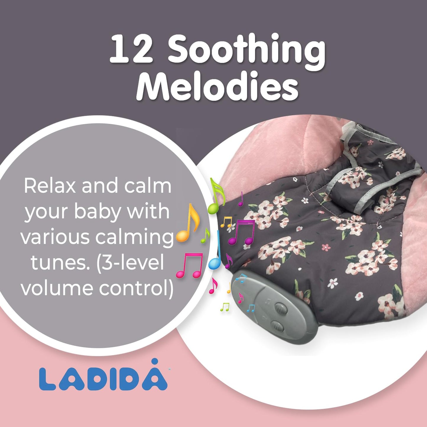 LADIDA Baby Bouncer with Soothing Music and Vibration, Adorable Plum Blossom Design, Suitable for Newborns（148）