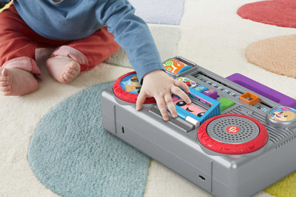 Fisher-Price Laugh & Learn Busy Boombox infant activity toy with colorful buttons and musical features for babies and toddlers.