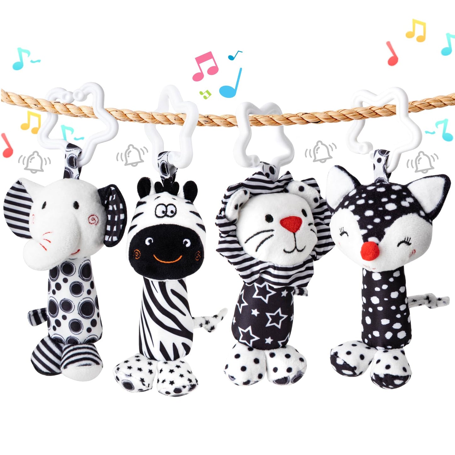 Growithu baby pram toys set with four black and white sensory animal hanging toys for newborns 0-6 months in a car seat.