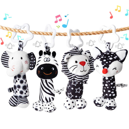 Growithu baby pram toys set with four black and white sensory animal hanging toys for newborns 0-6 months in a car seat.