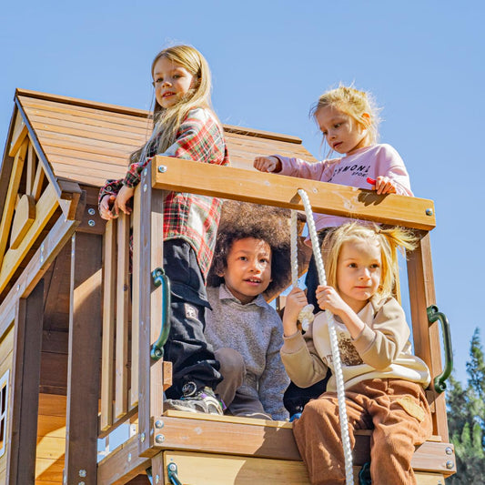 DOLPHIN PLAYGROUND T Swing Set for Backyard with Slide, 2 Swings, Trapeze Bar, Climbing Wall, Play house for Kids Outdoors with Kitchen Toys and Wooden Roof – Cedar Wood Outdoor Playset for Ages 3+