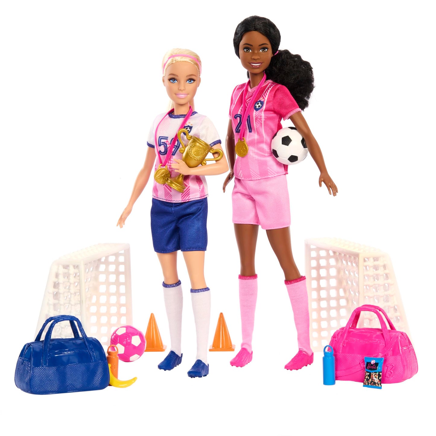 Barbie Careers soccer playset with two fashion dolls, Brooklyn and petite blonde player, soccer nets, and 15 accessories.