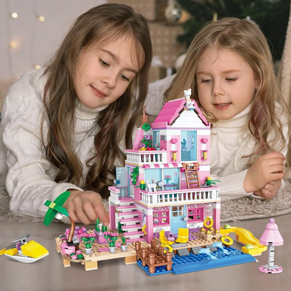 TOY PLAYER Friends Pink Beach House Villa Building Blocks Toy, 2 in1 Girls' Friends House Set, Compatible with LEGO Friends Sets for Girls Age 8-12 (822 PCS)