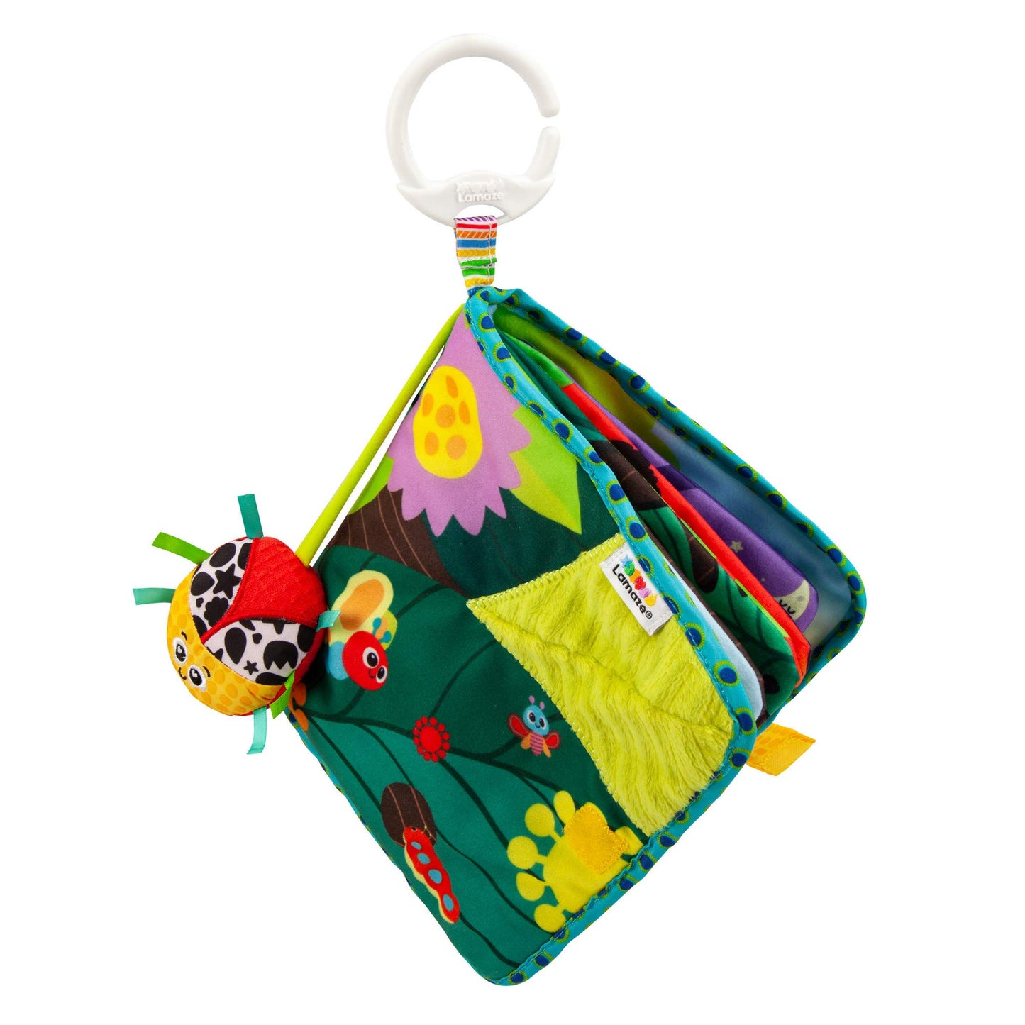 LAMAZE Bitty Bug Book sensory toy for babies, clip-on pram and pushchair toy with colorful pages and gentle sounds for newborns.