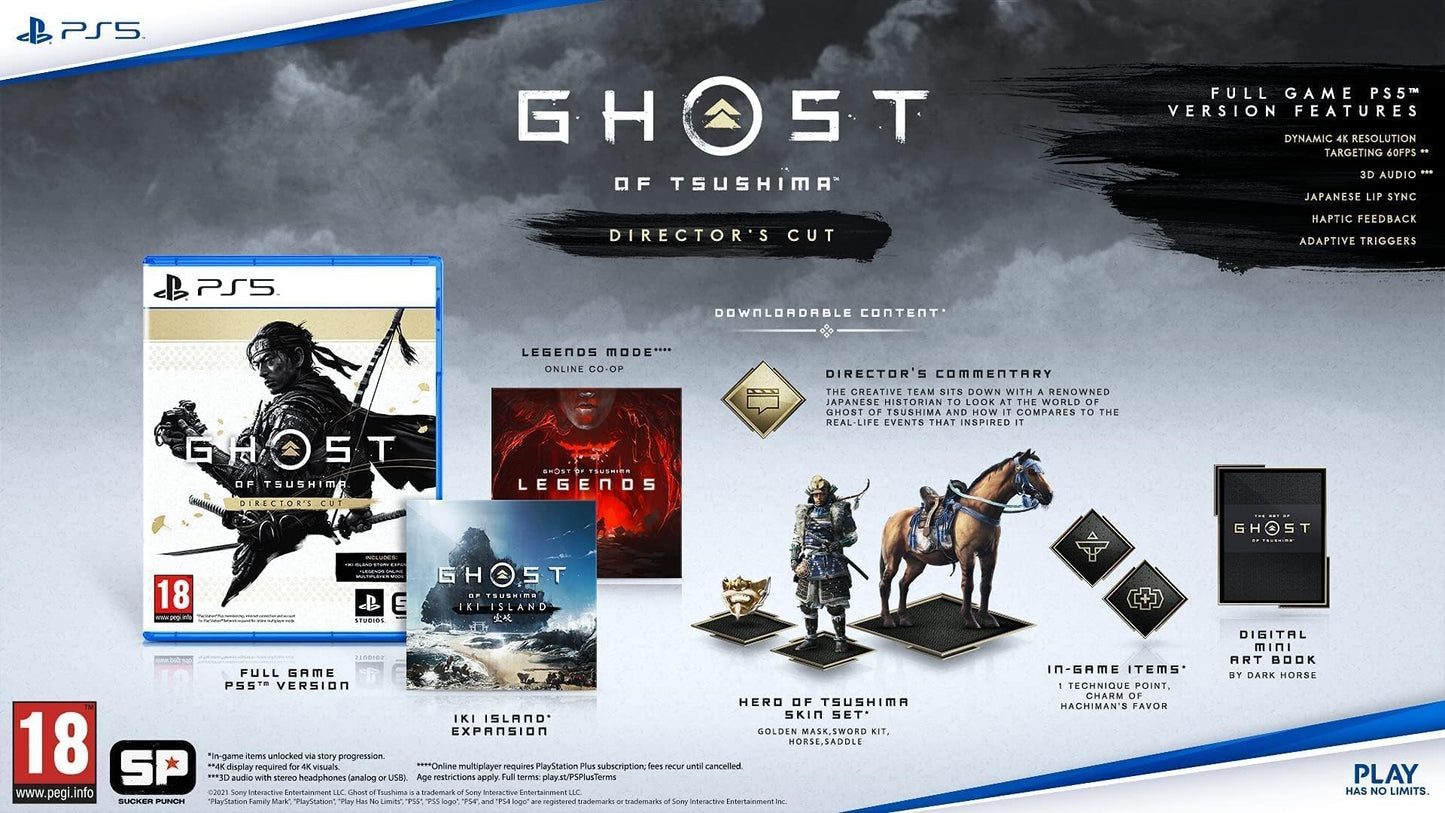PlayStation Ghost of Tsushima Director's Cut for PS5 game case with cover art featuring a samurai warrior in traditional armor.