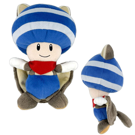 Blue Toad Super Mario plush toy from Nintendo Together+ featuring Flying Squirrel costume, 21 cm tall, soft and collectible.