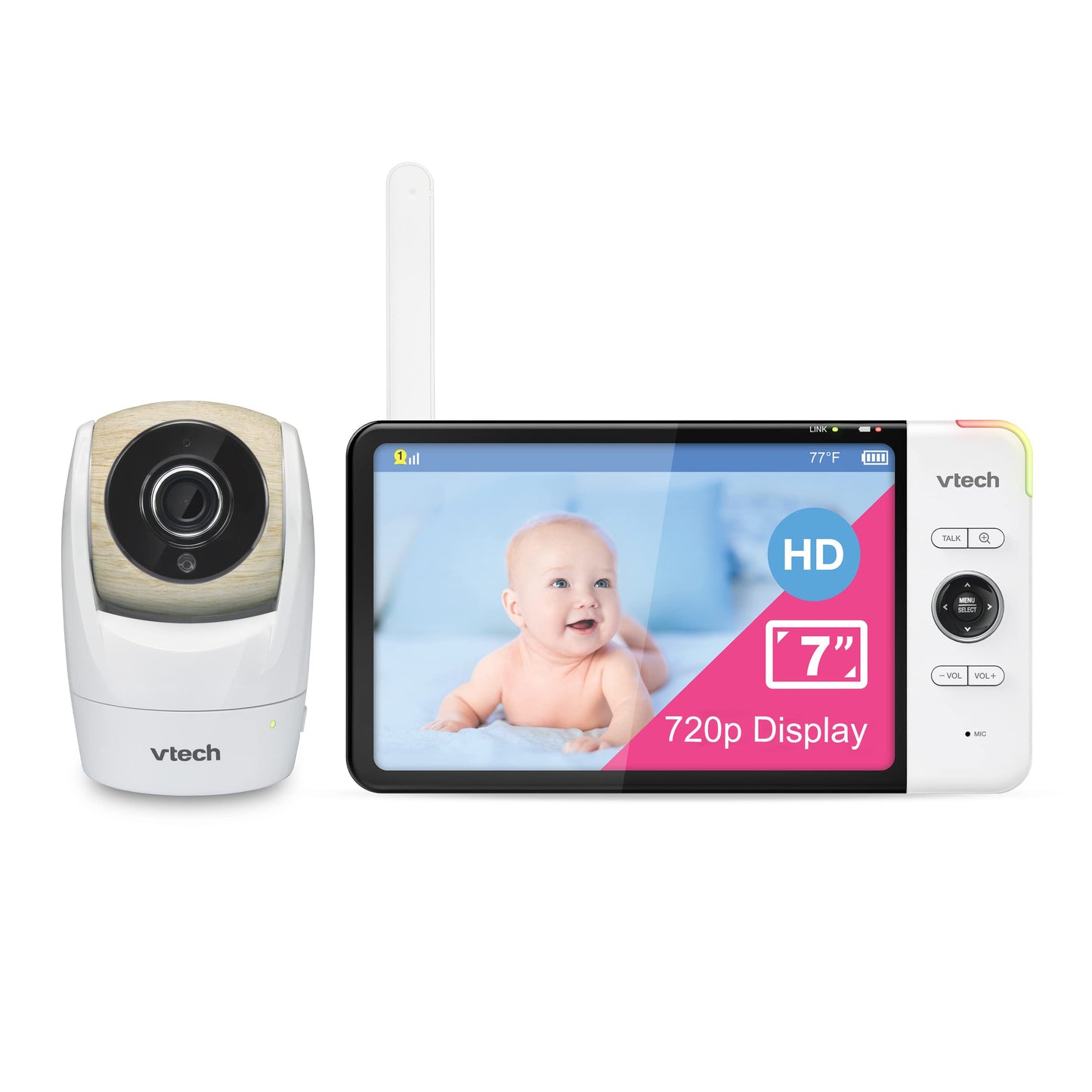 VTech VM919HD baby monitor with 7-inch HD display, 360° pan, night vision, wide-angle view, and long-range wireless camera.