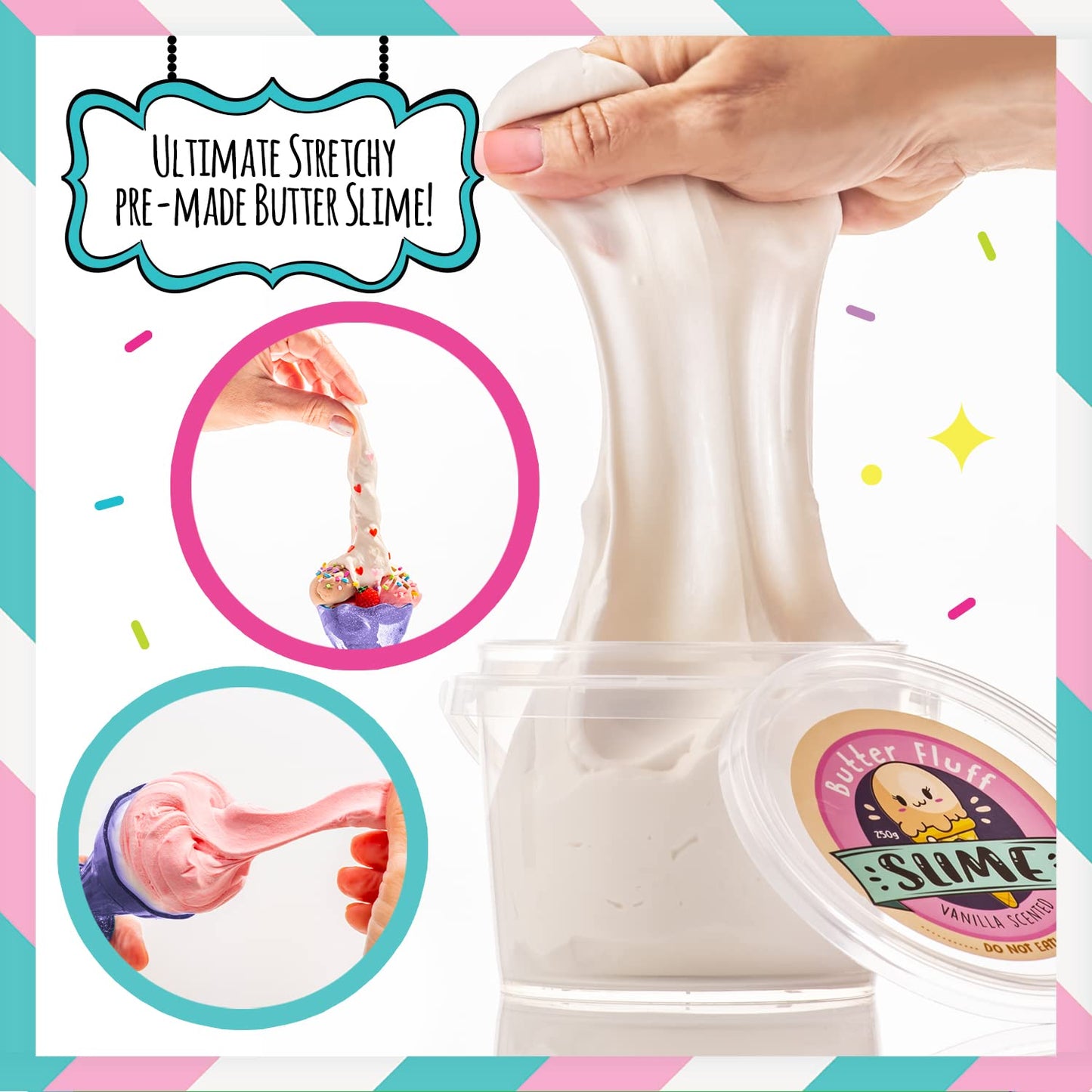Colorful ice cream slime kit with waffle and toy ice cream cones, perfect for kids to create fun slime ice cream toys.