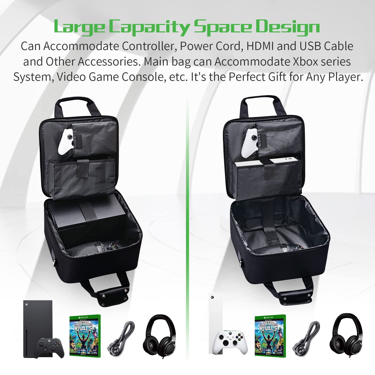 G-STORY hard carrying case for Xbox Series S console with storage compartments and included controller skin, ideal for travel and protection.