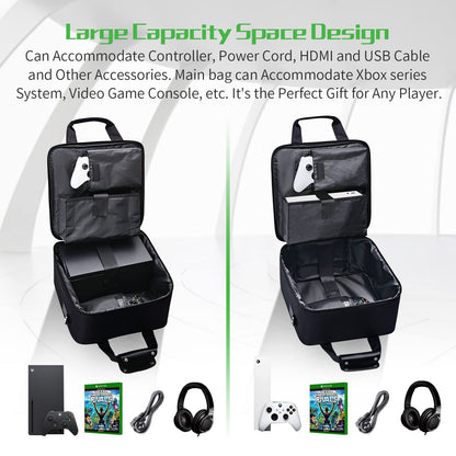 G-STORY hard carrying case for Xbox Series S console with storage compartments and included controller skin, ideal for travel and protection.