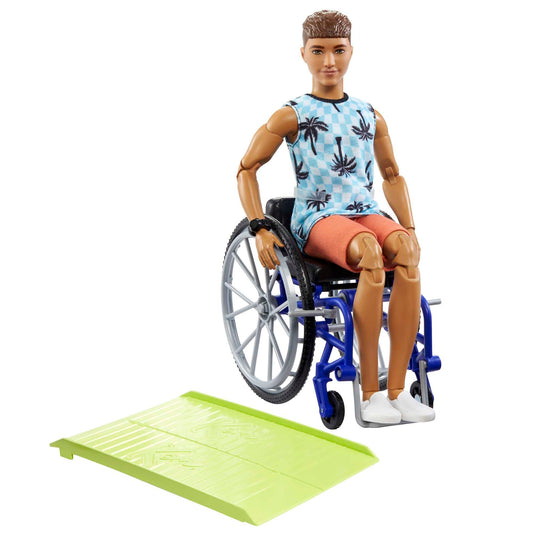Ken doll in wheelchair with ramp, dressed in beachy tee and orange shorts, part of Barbie Fashionistas collection.
