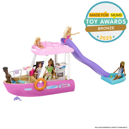Barbie Dream Boat playset featuring a pool, slide, dolphin, and over 20 accessories for imaginative play.