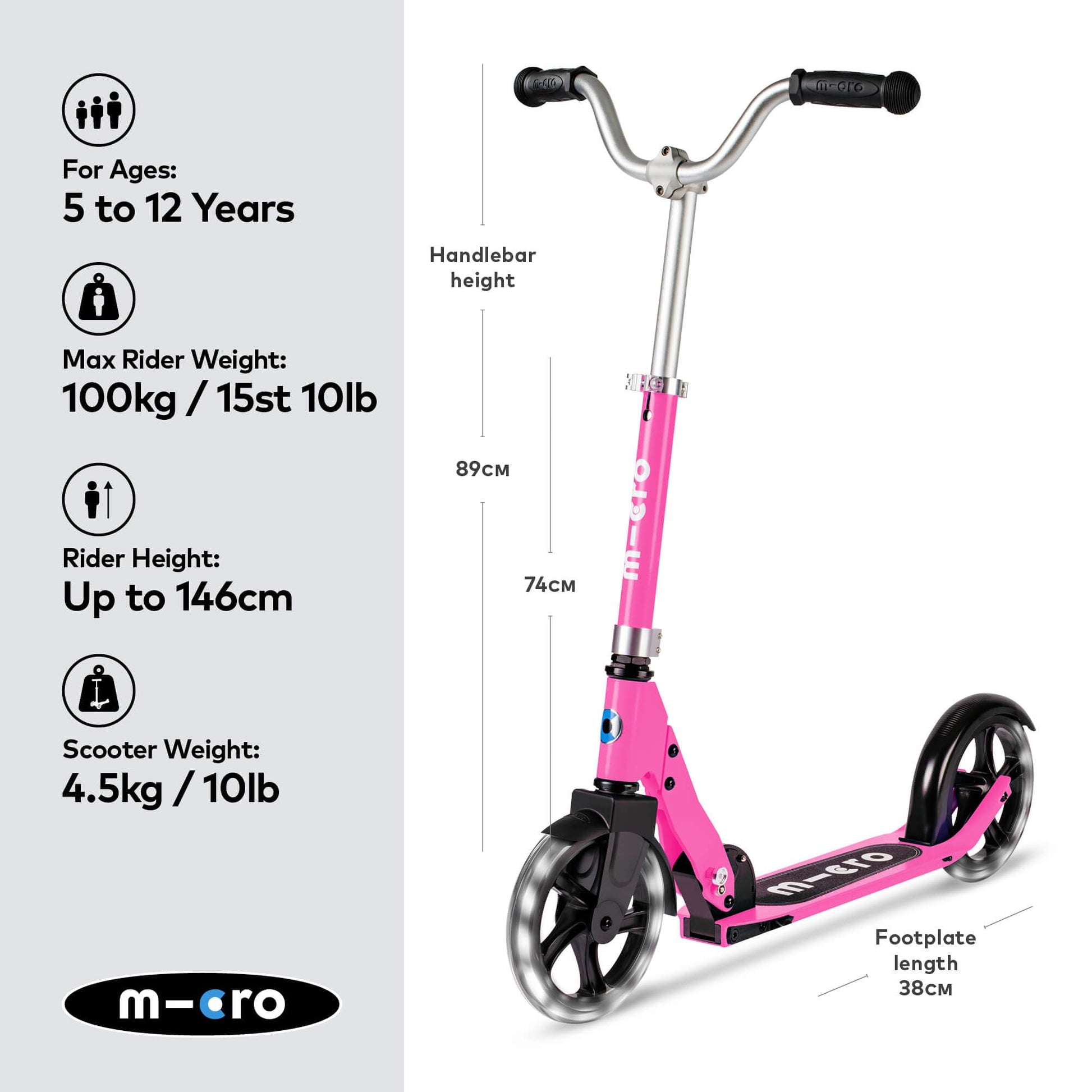 Pink Micro Cruiser LED children's scooter with adjustable handlebar, light-up wheels, and foldable design for ages 5-12.