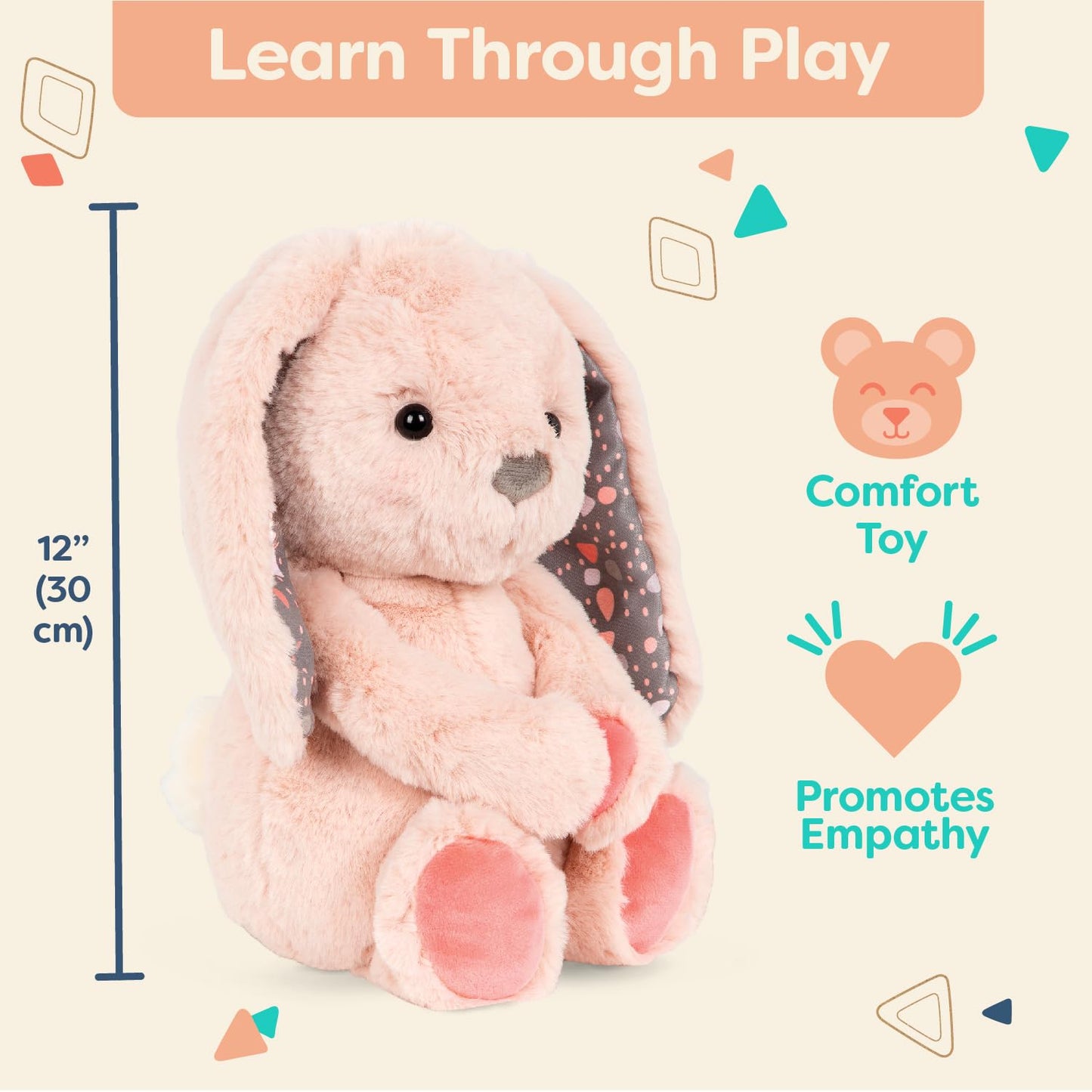 Soft pink plush bunny toy by B. toys, 12-inch huggable stuffed animal perfect for newborns and toddlers. Washable and cuddly.