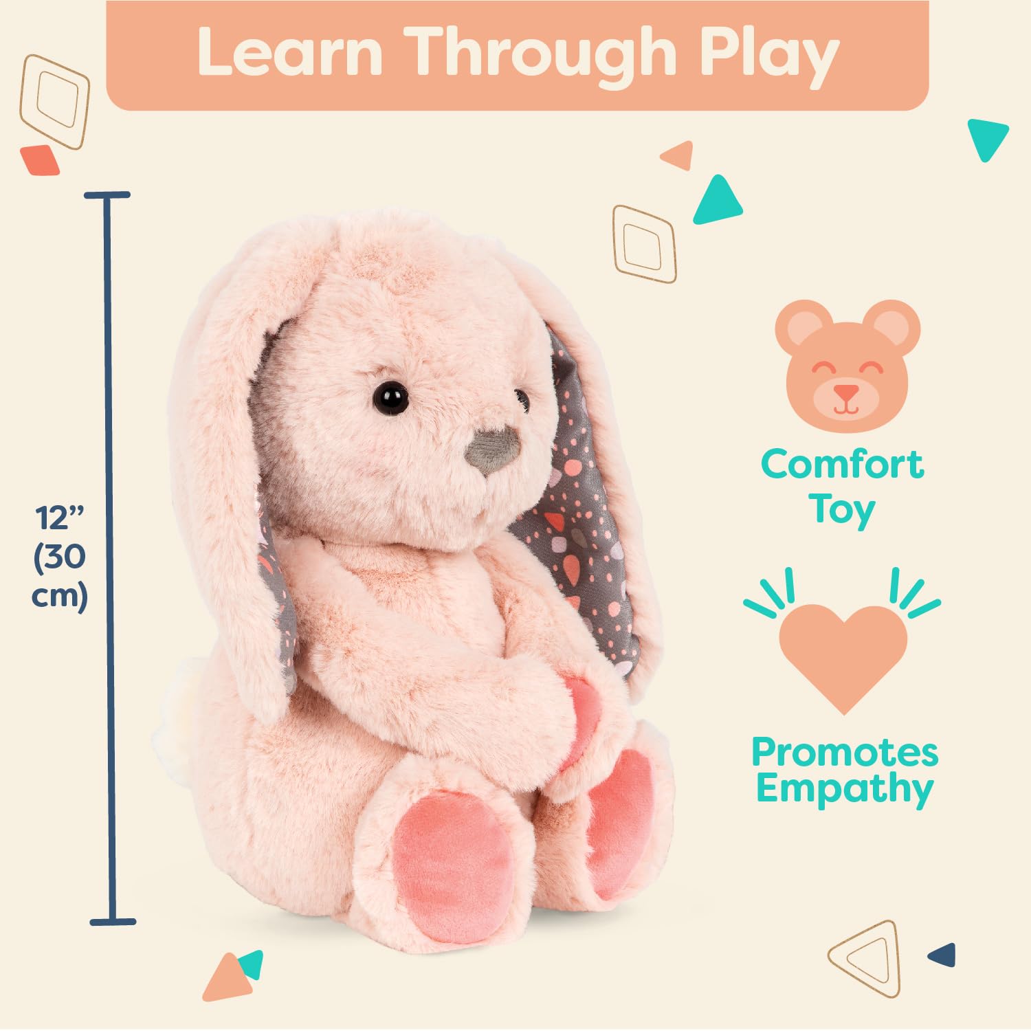 Soft pink plush bunny toy by B. toys, 12-inch huggable stuffed animal perfect for newborns and toddlers. Washable and cuddly.