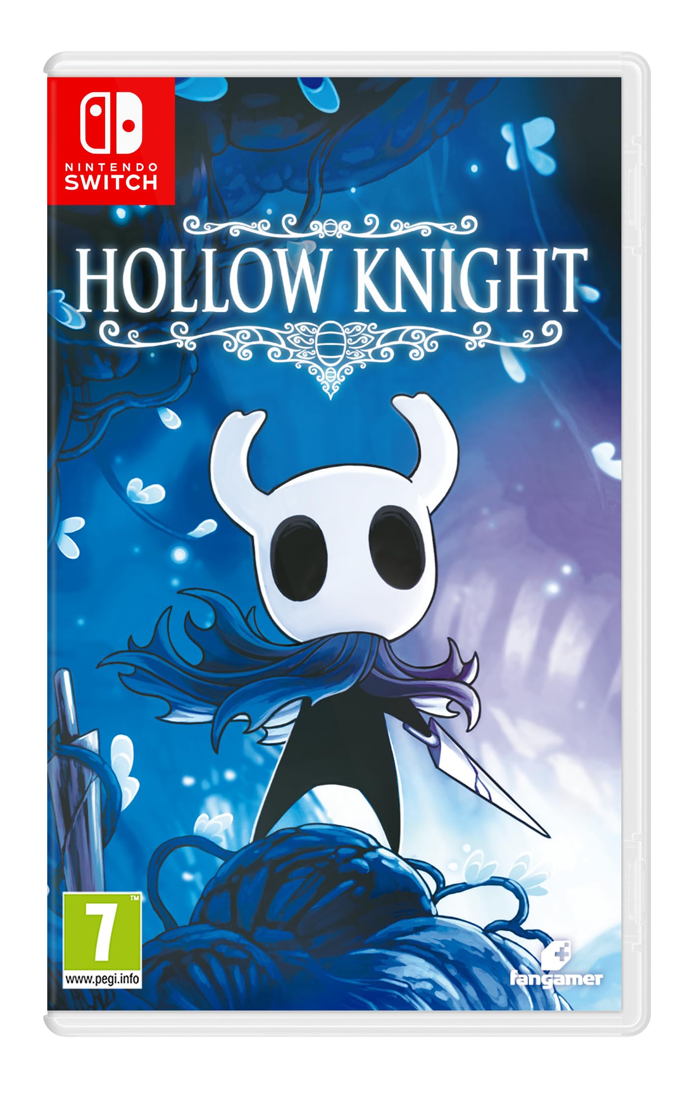 Hollow Knight Nintendo Switch game cartridge with Fangamer branding, featuring detailed cover art with a dark, mysterious knight character