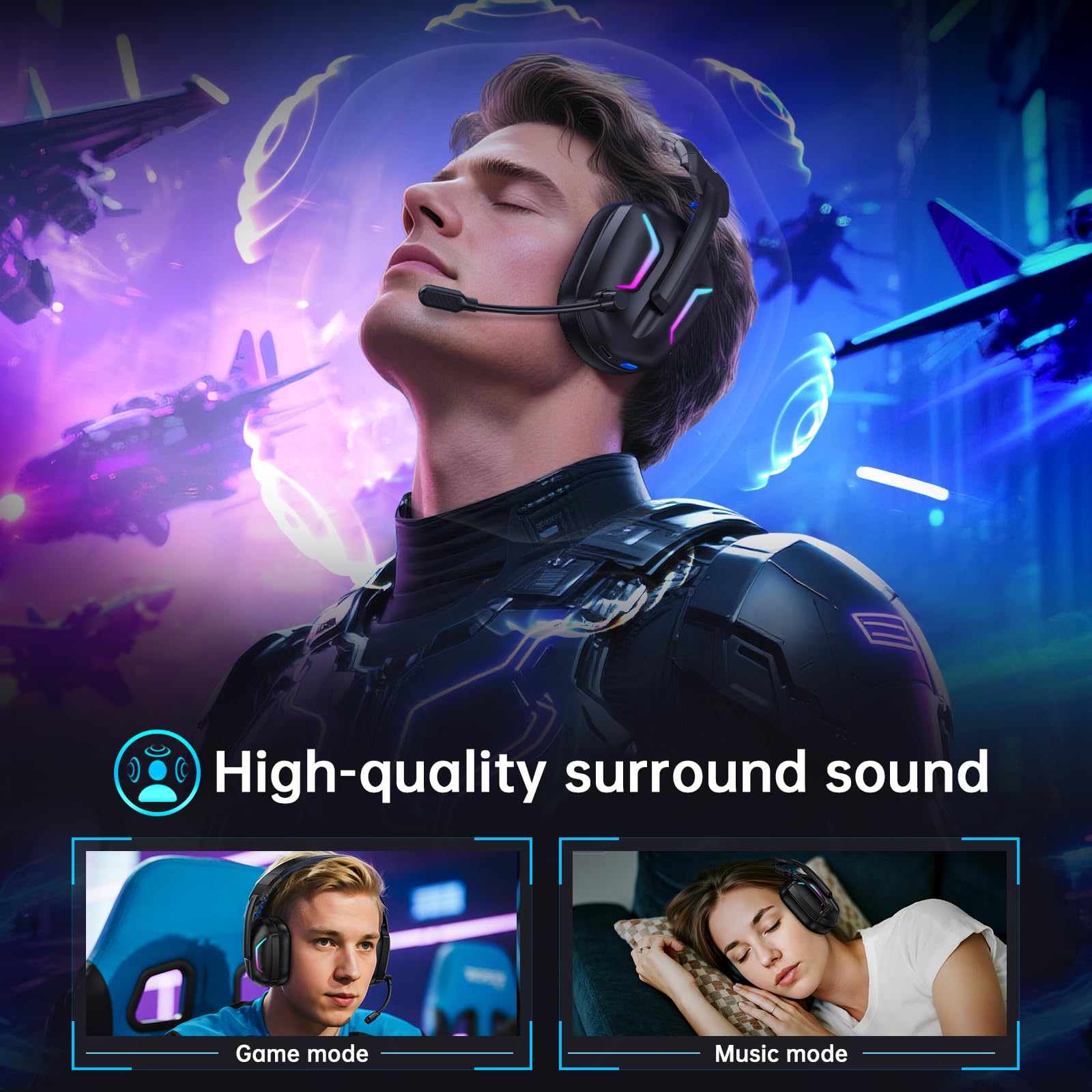 Fachixy FC300 wireless gaming headset with mic, Bluetooth, 2.4GHz USB, 50-hour battery, 3D stereo sound for PS5, PS4, PC, Switch