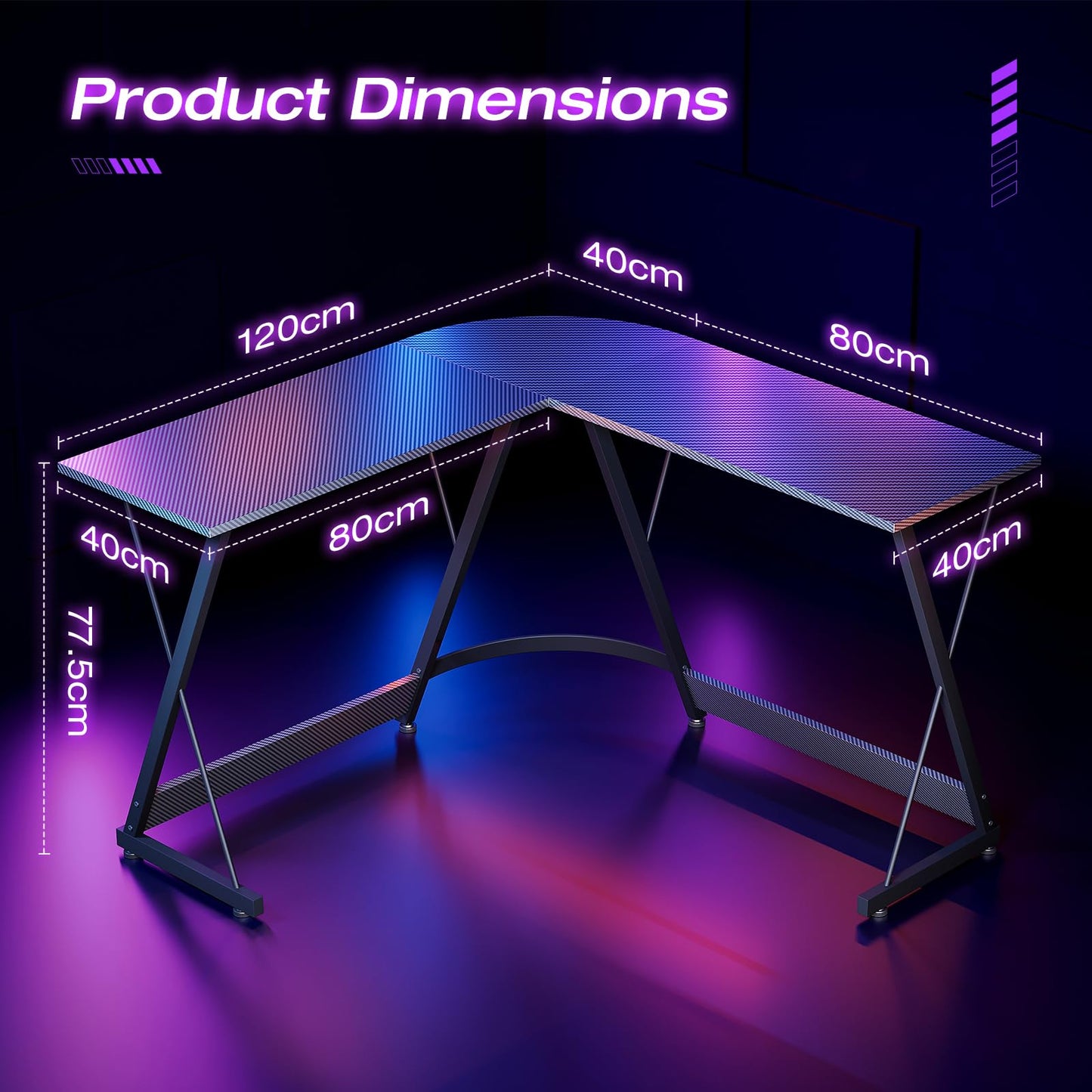 ODK L Shaped Gaming Desk, 120×120 cm Corner Computer Desk for Gaming, Home, Office, Carbon Fibre Black