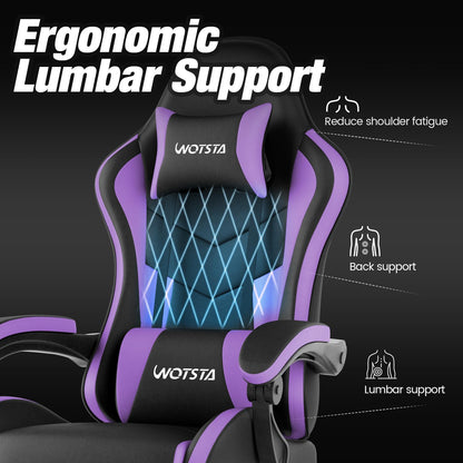 WOTSTA ergonomic gaming chair with footrest, lumbar support, headrest, height adjustment, 360° swivel, in black and purple.