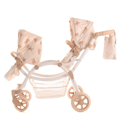 Roma Teddy Twin Dolls Pram - Realistic Double Dolls Pushchair for Ages 3-16, Cream with Teddy Print, Adjustable Handle, 16 Combinations, Ideal Toy Pram for Reborn Dolls, Includes Bag & Basket