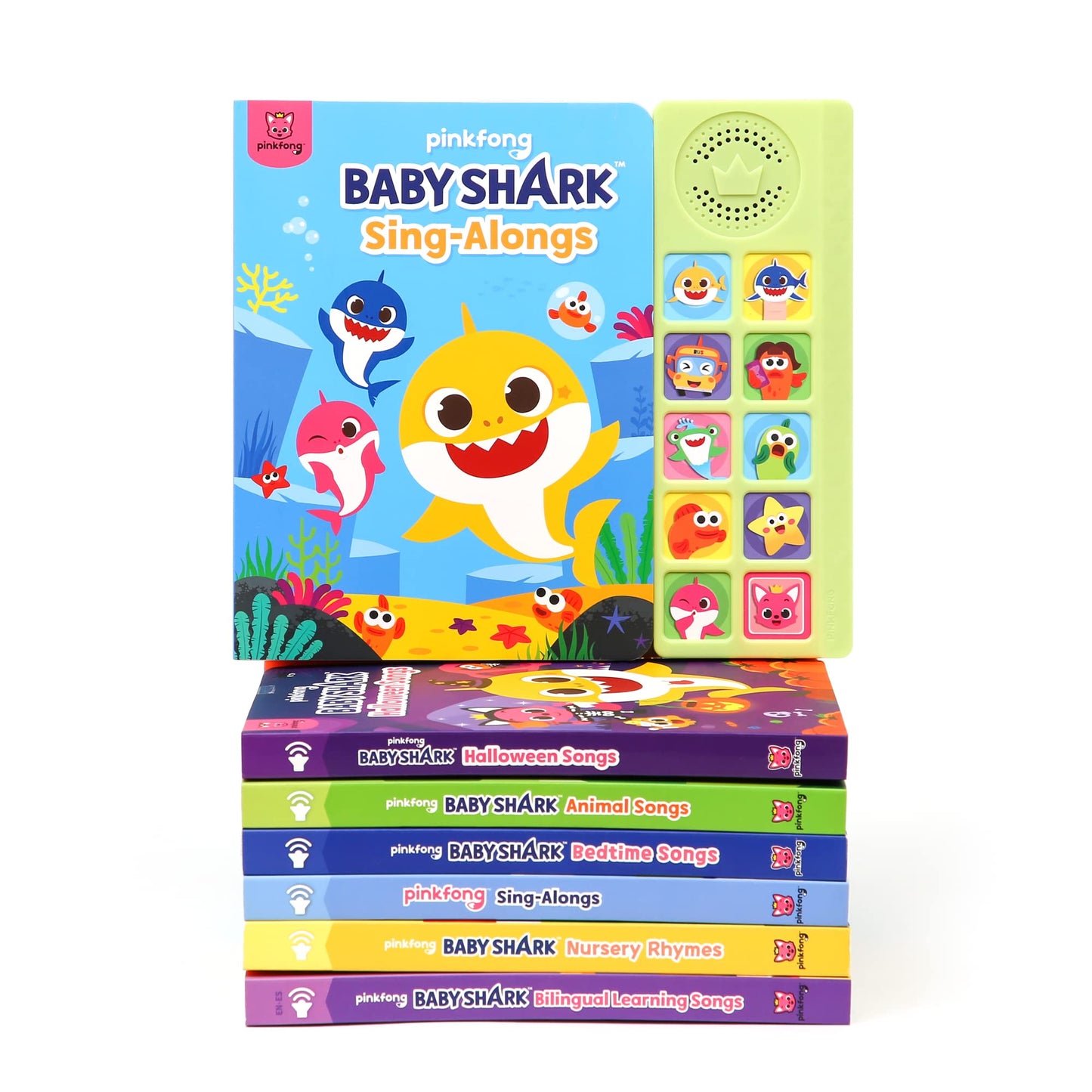 Pinkfong Baby Shark sing-along sound book with colorful illustrations and 10 buttons for interactive nursery rhymes for toddlers.
