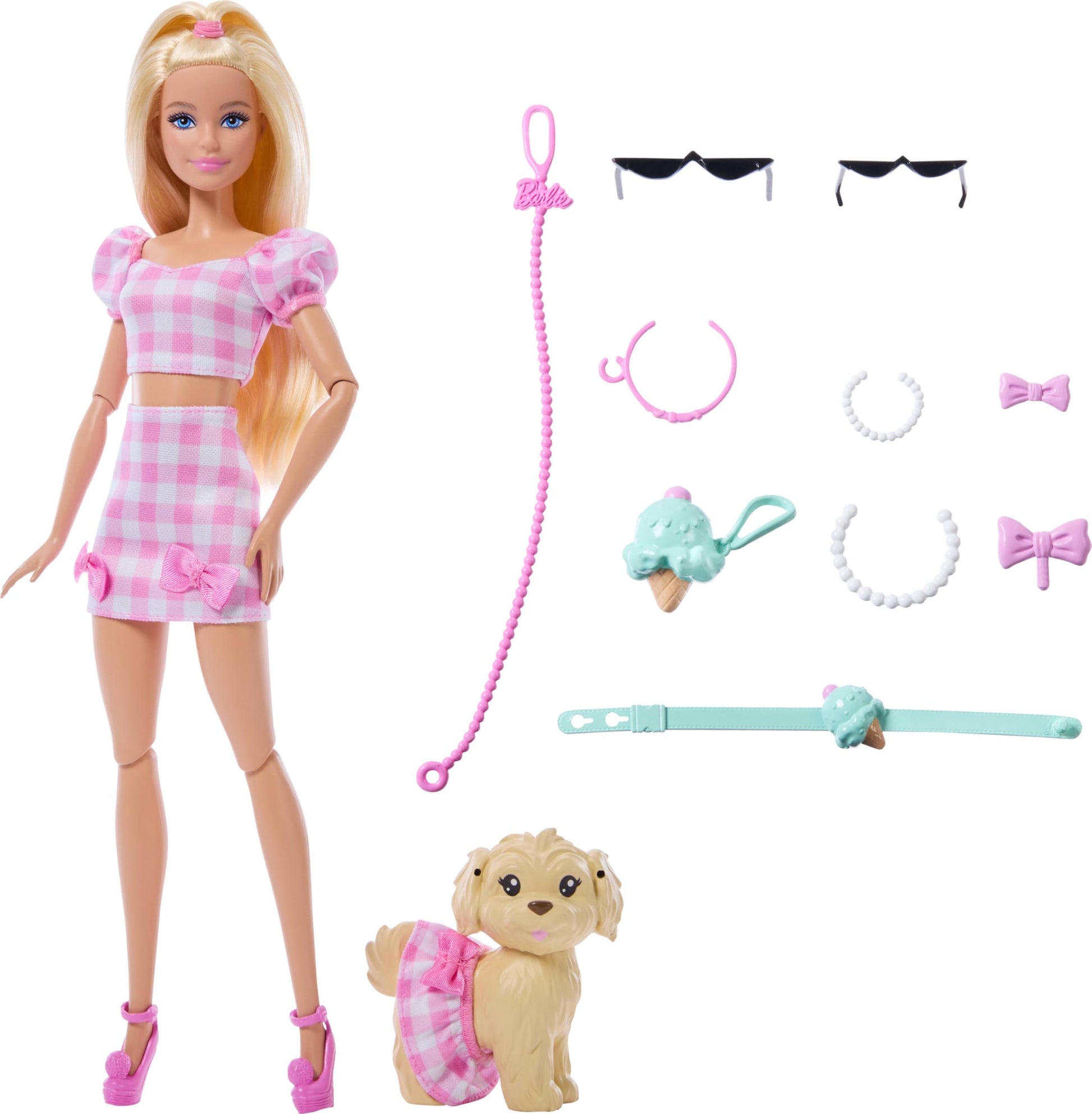 Barbie Twinning Looks Doll in pink gingham outfit with pet dog, sunglasses, necklaces, and bows, featuring blonde hair.