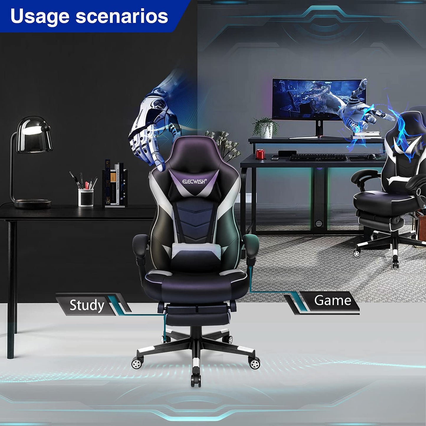 Fullwatt gaming chair with high back, white PU leather, adjustable arms, footrest, and swivel recline for home office use.