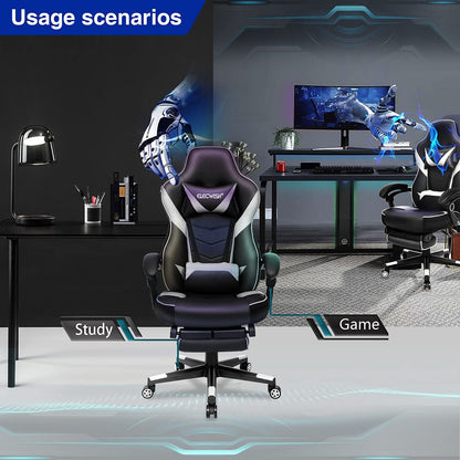Fullwatt gaming chair with high back, white PU leather, adjustable arms, footrest, and swivel recline for home office use.