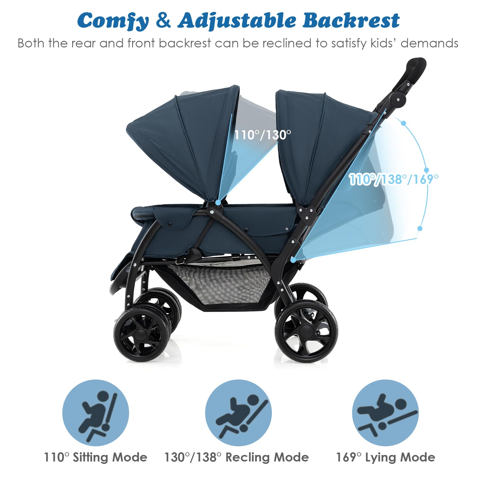 COSTWAY double seat pushchair in navy with foldable design, adjustable backrest, sunshade, safety belts, and storage basket for infants.