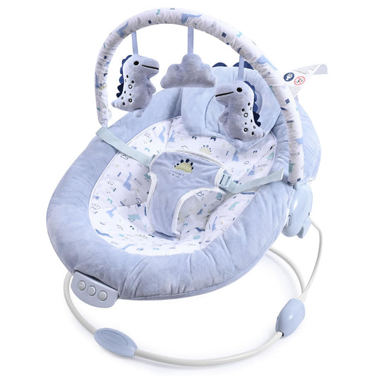 Soft light blue LADIDA baby bouncer with removable toy bar, soothing vibrations, music, and three toys for newborn comfort.